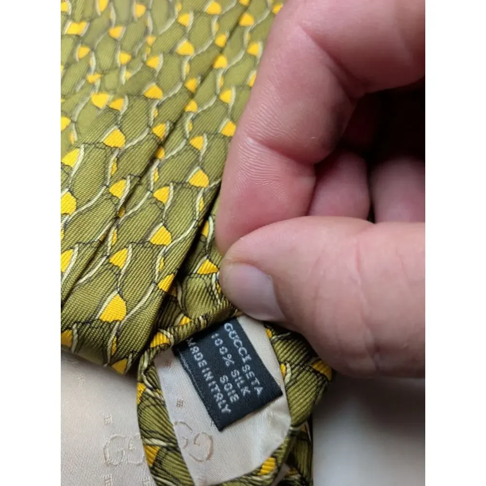 Vintage Gucci 100% Silk Tie Olive Green Yellow Geometric Designer Neck Tie